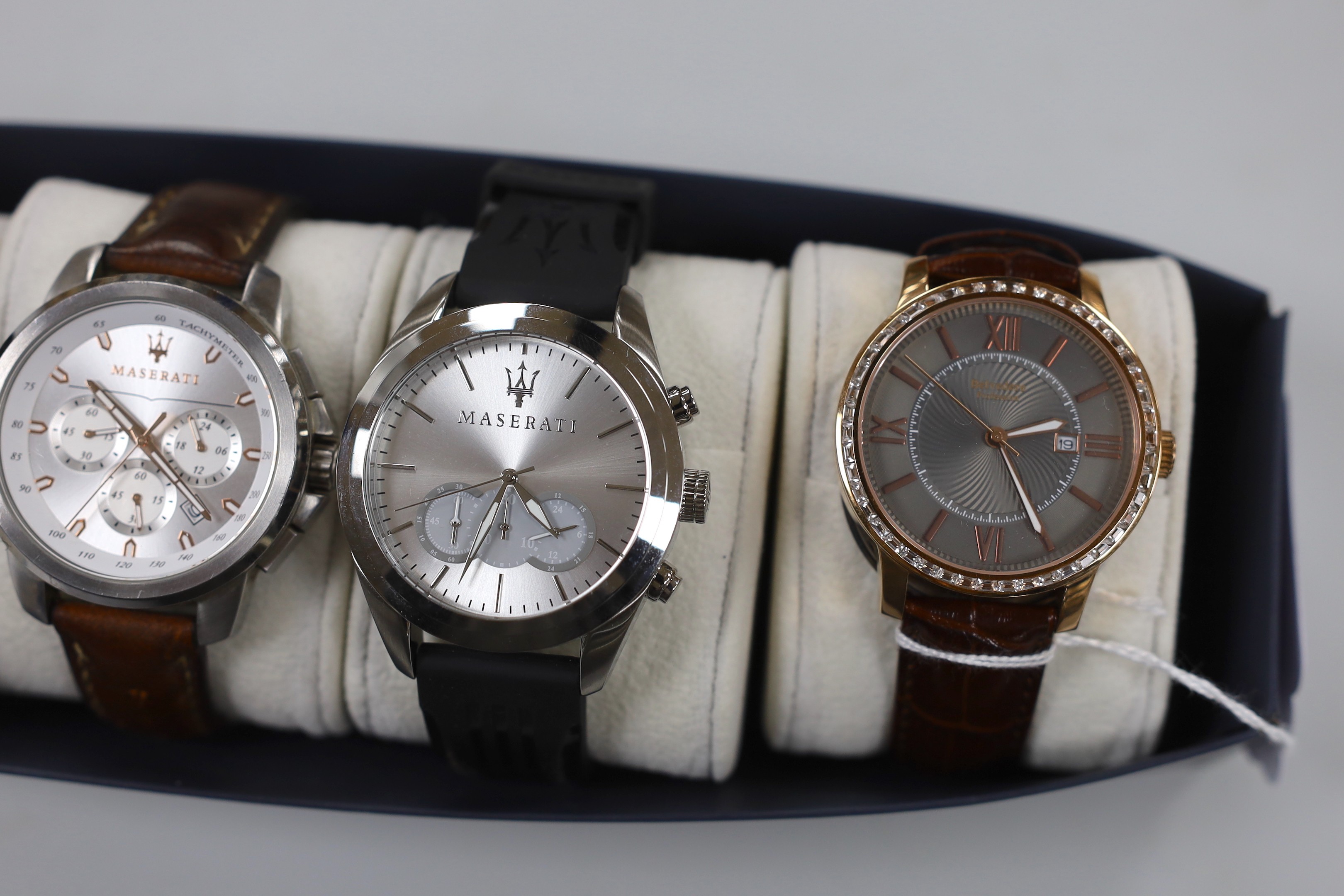 Three gentleman's assorted modern stainless steel Maserati wrist watches including automatic and quartz and a git metal Belvedere Profession watch.